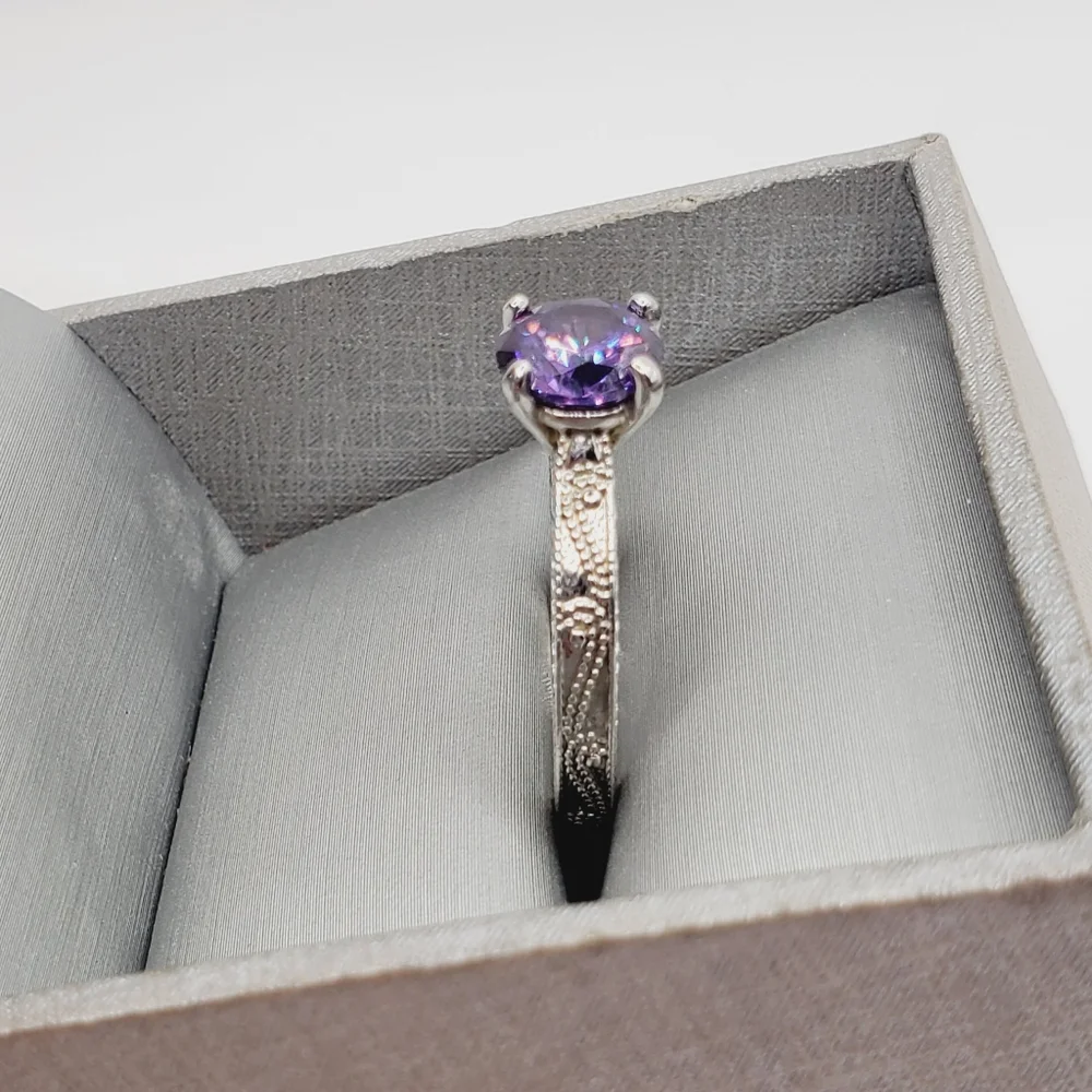 Round Amethyst Simulant Rhodium Plated Silver Tone Solitaire Ring